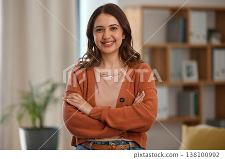 Happy woman, portrait and arms crossed of creative professional, freelancer or ambition at home. Female person smile in confidence, pride or proud for remote work or startup in living room at house Happy woman, portrait and arms crossed of creative professional, freelancer or ambition at home. Female person smile in confidence, pride or proud for remote work or startup in living room at house 138100992