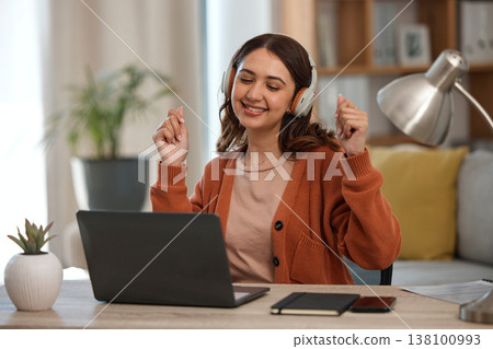 Woman, laptop and headphones for music, home and dancing at desk with inspiration for remote work. Freelance entrepreneur, audio streaming app and listening to radio with smile, computer and sound Woman, laptop and headphones for music, home and dancing at desk with inspiration for remote work. Freelance entrepreneur, audio streaming app and listening to radio with smile, computer and sound 138100993