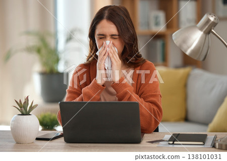 Woman, blowing nose and student with laptop, allergies or burnout with virus, fatigue and sick with sinus infection. Toilet paper, health fail and overworked with university assessment while at home 138101031