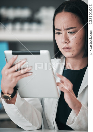 Tablet, pharmacy and confused Asian woman in laboratory for website, wellness app or telehealth. Healthcare, pharmaceutical and person on digital tech online for medical service, medicine or research Tablet, pharmacy and confused Asian woman in laboratory for website, wellness app or telehealth. Healthcare, pharmaceutical and person on digital tech online for medical service, medicine or research 138101068