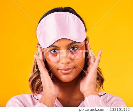Beauty, morning and portrait of woman with skincare patch for eyes isolated in studio yellow background for dermatology. Facial, detox and young person calm for care and relax with cosmetic mask Beauty, morning and portrait of woman with skincare patch for eyes isolated in studio yellow background for dermatology. Facial, detox and young person calm for care and relax with cosmetic mask 138101153