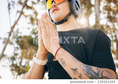 Man, hands and prayer with hiking in nature, mindfulness and meditation with bike by mountain. Caucasian guy, athlete and gratitude with mental health in forrest, natural landscape and vacation Man, hands and prayer with hiking in nature, mindfulness and meditation with bike by mountain. Caucasian guy, athlete and gratitude with mental health in forrest, natural landscape and vacation 138101204