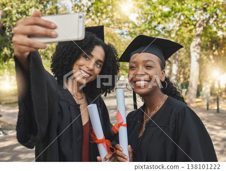 Graduation diploma, women and happy friends selfie for learning success, university education or memory photo. College progress, park photography or students post school profile picture on campus app Graduation diploma, women and happy friends selfie for learning success, university education or memory photo. College progress, park photography or students post school profile picture on campus app 138101222