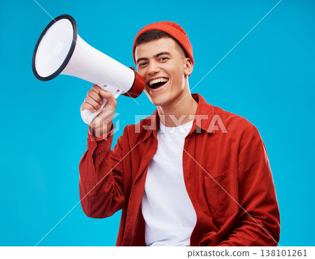 Portrait, megaphone and man with a smile, equality and promotion with a speech on a blue background. Person, activist and model with a bullhorn, change and happiness with freedom and mockup space Portrait, megaphone and man with a smile, equality and promotion with a speech on a blue background. Person, activist and model with a bullhorn, change and happiness with freedom and mockup space 138101261