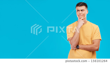 Thinking, inspiration and ideas, confused man in studio with future or solution on blue background. Why, question with problem solving and remember, mockup space with insight and memory or doubt 138101264