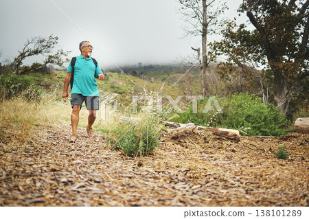 Mountain, hiking and senior man in nature, countryside or exercise in woods for fitness, cardio health or wellness. Retirement, workout and person walking in forest, environment or relax in landscape Mountain, hiking and senior man in nature, countryside or exercise in woods for fitness, cardio health or wellness. Retirement, workout and person walking in forest, environment or relax in landscape 138101289