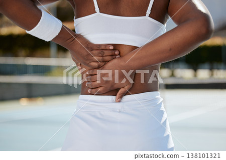 Back pain, tennis injury and sports person with medical problem, hurt spine or emergency crisis. Backache, court and player with muscle strain, accident and sore from fitness, exercise or training Back pain, tennis injury and sports person with medical problem, hurt spine or emergency crisis. Backache, court and player with muscle strain, accident and sore from fitness, exercise or training 138101321