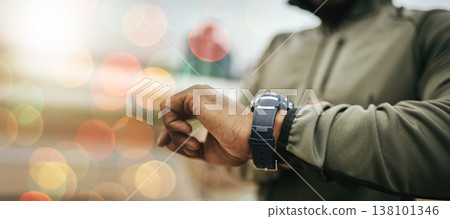 Hand, smart watch and monitor for fitness, training or exercise schedule with bokeh for personal trainer. Athlete, person and stopwatch or timer for performance update, steps or results for wellness Hand, smart watch and monitor for fitness, training or exercise schedule with bokeh for personal trainer. Athlete, person and stopwatch or timer for performance update, steps or results for wellness 138101346