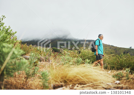 Hiking, walking or senior man in nature, forest or wilderness for trekking journey or adventure banner. Bush, holiday or mature hiker on field for exercise, fitness or wellness and sky mockup 138101348