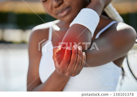 Elbow pain, black woman has fitness injury and tennis athlete outdoor with medical emergency and red overlay. Health, inflammation and sport accident, anatomy glow for muscle tension and osteoporosis Elbow pain, black woman has fitness injury and tennis athlete outdoor with medical emergency and red overlay. Health, inflammation and sport accident, anatomy glow for muscle tension and osteoporosis 138101378