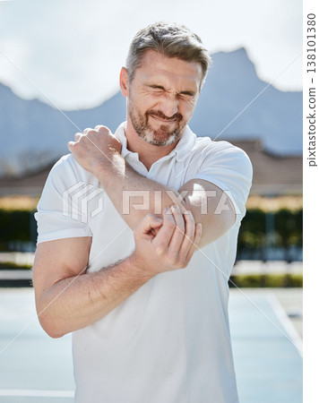 Arm pain, tennis and sports man with medical problem, elbow injury and athlete emergency from workout. Arthritis risk, court or player with muscle strain from fitness, exercise or athlete training Arm pain, tennis and sports man with medical problem, elbow injury and athlete emergency from workout. Arthritis risk, court or player with muscle strain from fitness, exercise or athlete training 138101380