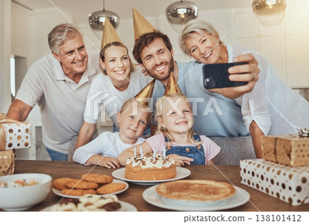 Selfie of parents, grandparents and children with birthday cake for celebration with smile, love and sweets in home. Photography, big family and men, women and kids together for girl party in house. Selfie of parents, grandparents and children with birthday cake for celebration with smile, love and sweets in home. Photography, big family and men, women and kids together for girl party in house. 138101412
