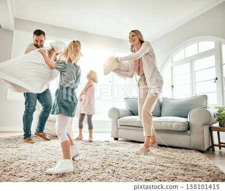 Happy family, pillow fight and playing in living room together for fun holiday, weekend or bonding at home. Mother, father and children smile with cushion game, play or free time for summer break Happy family, pillow fight and playing in living room together for fun holiday, weekend or bonding at home. Mother, father and children smile with cushion game, play or free time for summer break 138101415