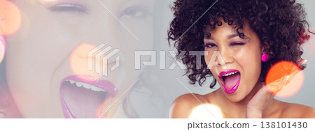 Beauty, hair care and portrait of woman in banner, bokeh and wink for cosmetics, fashion or promo. Smile, mockup or overlay, face of excited model or double exposure for makeup or afro hairstyle Beauty, hair care and portrait of woman in banner, bokeh and wink for cosmetics, fashion or promo. Smile, mockup or overlay, face of excited model or double exposure for makeup or afro hairstyle 138101430