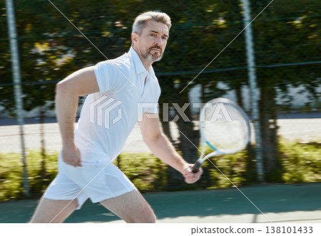 Senior, fitness and portrait of man at a court for tennis, training or outdoor cardio workout. Sports, face and elderly male athlete with racket game practice, exercise and club performance challenge 138101433