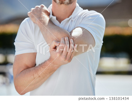 Elbow, pain and person with injury, fitness and athlete outdoor, medical emergency and joint inflammation. Health, wellness and hands holding arm outdoor, sport accident and anatomy with fibromyalgia 138101434
