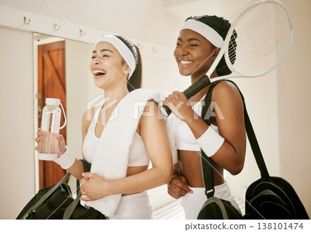 Locker room, sports and women happy for tennis training, exercise and workout for practice or match. Fitness, friends and people with racket, bag and water for wellness, performance and competition Locker room, sports and women happy for tennis training, exercise and workout for practice or match. Fitness, friends and people with racket, bag and water for wellness, performance and competition 138101474