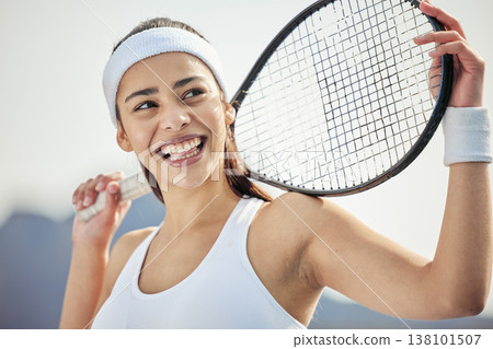 Woman, happy on tennis court and fitness, sports game and athlete with racket for performance and competition. Health, ready for match and professional player on outdoor turf with exercise and smile Woman, happy on tennis court and fitness, sports game and athlete with racket for performance and competition. Health, ready for match and professional player on outdoor turf with exercise and smile 138101507