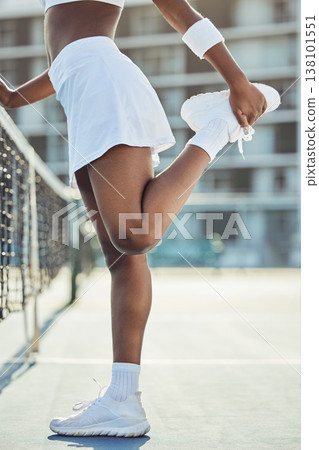 Woman stretching legs, fitness on tennis court and start game, sports and athlete with performance and competition. Health, warm up and professional player on outdoor turf, flexible with exercise Woman stretching legs, fitness on tennis court and start game, sports and athlete with performance and competition. Health, warm up and professional player on outdoor turf, flexible with exercise 138101551