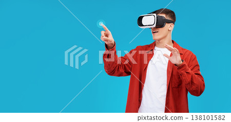 Man, press and VR or futuristic glasses for education, 3d software or gaming in studio metaverse. Student in virtual reality, touch glow and fingerprint hologram on a blue background and banner space 138101582