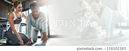 Fitness, mockup and mature woman in gym with personal trainer in workout, help and stretching on banner. Info space, exercise and senior person with physio challenge, motivation and double exposure. 138101583