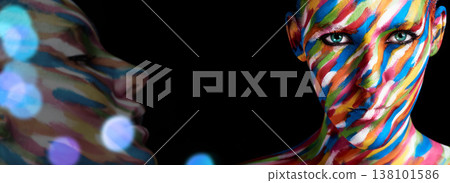 Woman, face paint and double exposure with creative art, makeup and colorful cosmetics in studio. Portrait, painting and rainbow design with mockup space and bokeh with banner and color splash Woman, face paint and double exposure with creative art, makeup and colorful cosmetics in studio. Portrait, painting and rainbow design with mockup space and bokeh with banner and color splash 138101586