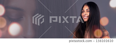 Hair, banner and portrait of woman with beauty for texture, haircare and keratin treatment. Salon, hairdresser double exposure and face of person on studio background with hairstyle and cosmetics 138101610