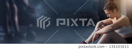 Woman, sitting or banner on break for fitness, exercise or workout in gym with tired or serious face. Training, person or relax for cardio, performance or sports competition with sportswear on mockup Woman, sitting or banner on break for fitness, exercise or workout in gym with tired or serious face. Training, person or relax for cardio, performance or sports competition with sportswear on mockup 138101611