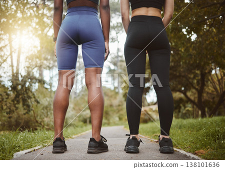 Back, legs and start with fitness friends in a park together for a cardio workout, health or wellness. Exercise, sports and training with athlete people outdoor on a summer morning for a marathon run 138101636