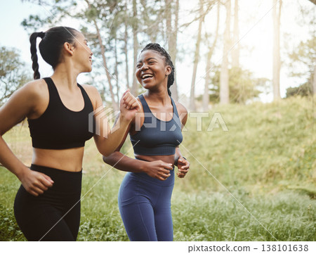 Running team, fitness and women in park with cardio, athlete and support for sports and health. Exercise friends, diversity and runner club, happy with training for race outdoor and workout in nature 138101638