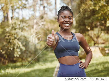 Black woman, portrait and thumbs up in nature for fitness, training or outdoor workout achievement. Happy African female athlete or runner smile with like emoji, yes sign or OK in success or exercise Black woman, portrait and thumbs up in nature for fitness, training or outdoor workout achievement. Happy African female athlete or runner smile with like emoji, yes sign or OK in success or exercise 138101678