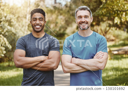 Men, arms crossed and together in portrait, fitness and health and ready for workout, training or summer. Partnership, personal trainer and outdoor sunshine for exercise, smile and wellness in nature Men, arms crossed and together in portrait, fitness and health and ready for workout, training or summer. Partnership, personal trainer and outdoor sunshine for exercise, smile and wellness in nature 138101692