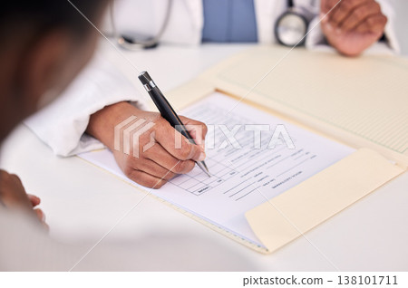 Doctor, patient and hands writing on documents for prescription, diagnosis or results on table at hospital. Closeup of medical worker filling healthcare paperwork, life insurance or policy at clinic Doctor, patient and hands writing on documents for prescription, diagnosis or results on table at hospital. Closeup of medical worker filling healthcare paperwork, life insurance or policy at clinic 138101711