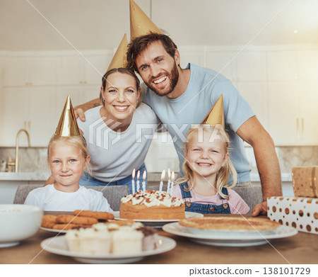 Portrait of happy family, children and birthday cake for celebration with candles, love or sweets in home. Parents smile, face of mother and father together at table at girl kids party event in house Portrait of happy family, children and birthday cake for celebration with candles, love or sweets in home. Parents smile, face of mother and father together at table at girl kids party event in house 138101729