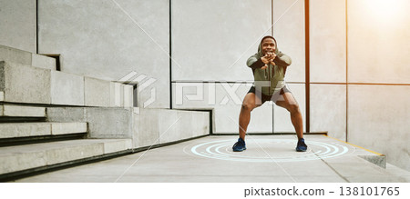 Fitness, target and flare with a man stretching on stairs in the city for the start of his workout routine. Exercise, warm up and special effects with a young african athlete in an urban town Fitness, target and flare with a man stretching on stairs in the city for the start of his workout routine. Exercise, warm up and special effects with a young african athlete in an urban town 138101765