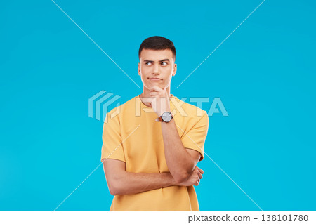 Thinking, idea and young man in studio with decision, brainstorming or solution expression. Problem solving, planning and male model from Canada with reflection, memory or question by blue background Thinking, idea and young man in studio with decision, brainstorming or solution expression. Problem solving, planning and male model from Canada with reflection, memory or question by blue background 138101780