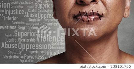 Woman, lips and oppression with silence in studio, thread stitch and text overlay for abuse, violence or danger. Person, human rights and no voice, equality or freedom of speech by grey background Woman, lips and oppression with silence in studio, thread stitch and text overlay for abuse, violence or danger. Person, human rights and no voice, equality or freedom of speech by grey background 138101790