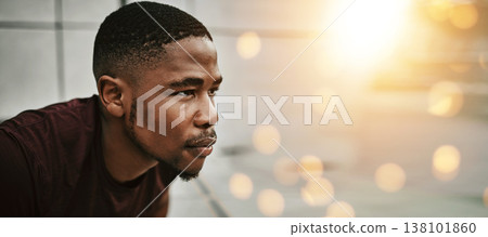Face, space and double exposure with a sports man outdoor for fitness as a runner during a marathon. Exercise, sweat and tired with an exhausted young athlete training in the city on mockup flare 138101860