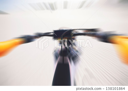 Motorbike, race and motion blur of sports person and handle bars, speed in desert or dunes with athlete. Dirtbike, fast and adrenaline in extreme sports, fitness and energy for competition in pov Motorbike, race and motion blur of sports person and handle bars, speed in desert or dunes with athlete. Dirtbike, fast and adrenaline in extreme sports, fitness and energy for competition in pov 138101864