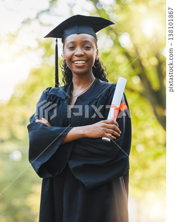 Graduate, diploma and portrait of black woman outdoor with arms crossed to celebrate success, education and college scholarship. Happy student, university graduation or achievement of certified award Graduate, diploma and portrait of black woman outdoor with arms crossed to celebrate success, education and college scholarship. Happy student, university graduation or achievement of certified award 138101867