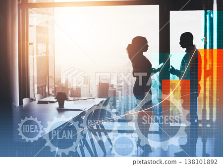 Business people, gear and strategy with double exposure, tablet and synergy with planning in office. Corporate partnership, businessman and woman with silhouette, illustration and chart for success Business people, gear and strategy with double exposure, tablet and synergy with planning in office. Corporate partnership, businessman and woman with silhouette, illustration and chart for success 138101892
