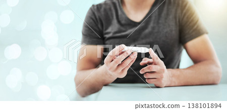 Diabetic, hand and blood test for sugar on banner with bokeh, overlay and mockup for medicine. Person, alone and needle to check of glucose level in closeup for awareness, healthcare and wellness 138101894