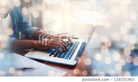 Closeup, hands and laptop in mock up for bokeh, overlay and banner for digital marketing, website or programming. Young, business woman or worker with development in software, analytics or research Closeup, hands and laptop in mock up for bokeh, overlay and banner for digital marketing, website or programming. Young, business woman or worker with development in software, analytics or research 138101901