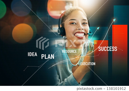Happy woman, call center and trading for advice on investment, planning or profit on overlay at office. Female person, broker or financial advisor smile with headphones for stock market help or plan 138101912