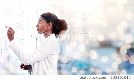 Doctor, woman and writing on whiteboard, healthcare banner with bokeh and brainstorming ideas for surgery. Innovation, surgeon and hospital schedule with notes on board, planning with mockup space 138101913