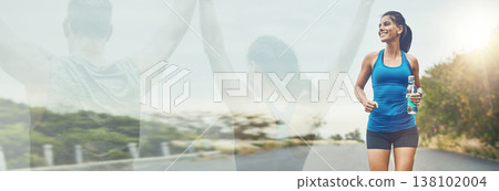 Fitness, banner or happy woman running on road for exercise, training or workout together. Girl runner, mockup space or healthy athlete with sports endurance or performance in double exposure 138102004