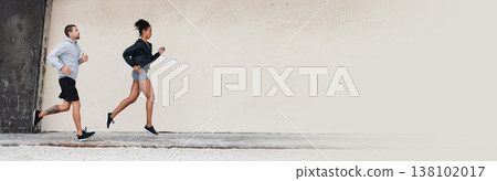 Couple, running and banner on mockup for fitness, workout or exercise together in health and wellness. Wall, man and woman in cardio, run or sports performance for teamwork or outdoor training Couple, running and banner on mockup for fitness, workout or exercise together in health and wellness. Wall, man and woman in cardio, run or sports performance for teamwork or outdoor training 138102017