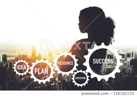 Business woman, gears and silhouette with double exposure, city and vision with steps for success. Corporate employee, entrepreneur and thinking with idea, illustration and icon overlay for planning 138102110