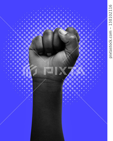 Fist, protest and closeup for art by blue background for human rights, power or solidarity for equality. People, support and hand for freedom, goal and opinion for politics, justice or vote Fist, protest and closeup for art by blue background for human rights, power or solidarity for equality. People, support and hand for freedom, goal and opinion for politics, justice or vote 138102116