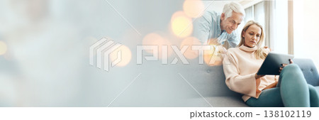 Tablet, space and double exposure with a mature couple on a sofa in the living room of their home together. Technology, mockup or banner with a man and women browsing the internet or social media Tablet, space and double exposure with a mature couple on a sofa in the living room of their home together. Technology, mockup or banner with a man and women browsing the internet or social media 138102119